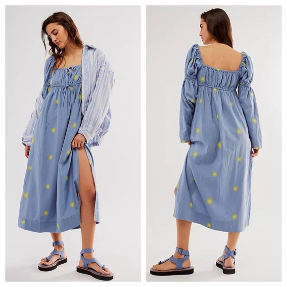 New Free People✨Emory Embroidered Midi Dress- Blue Combo - Picture 6 of 7